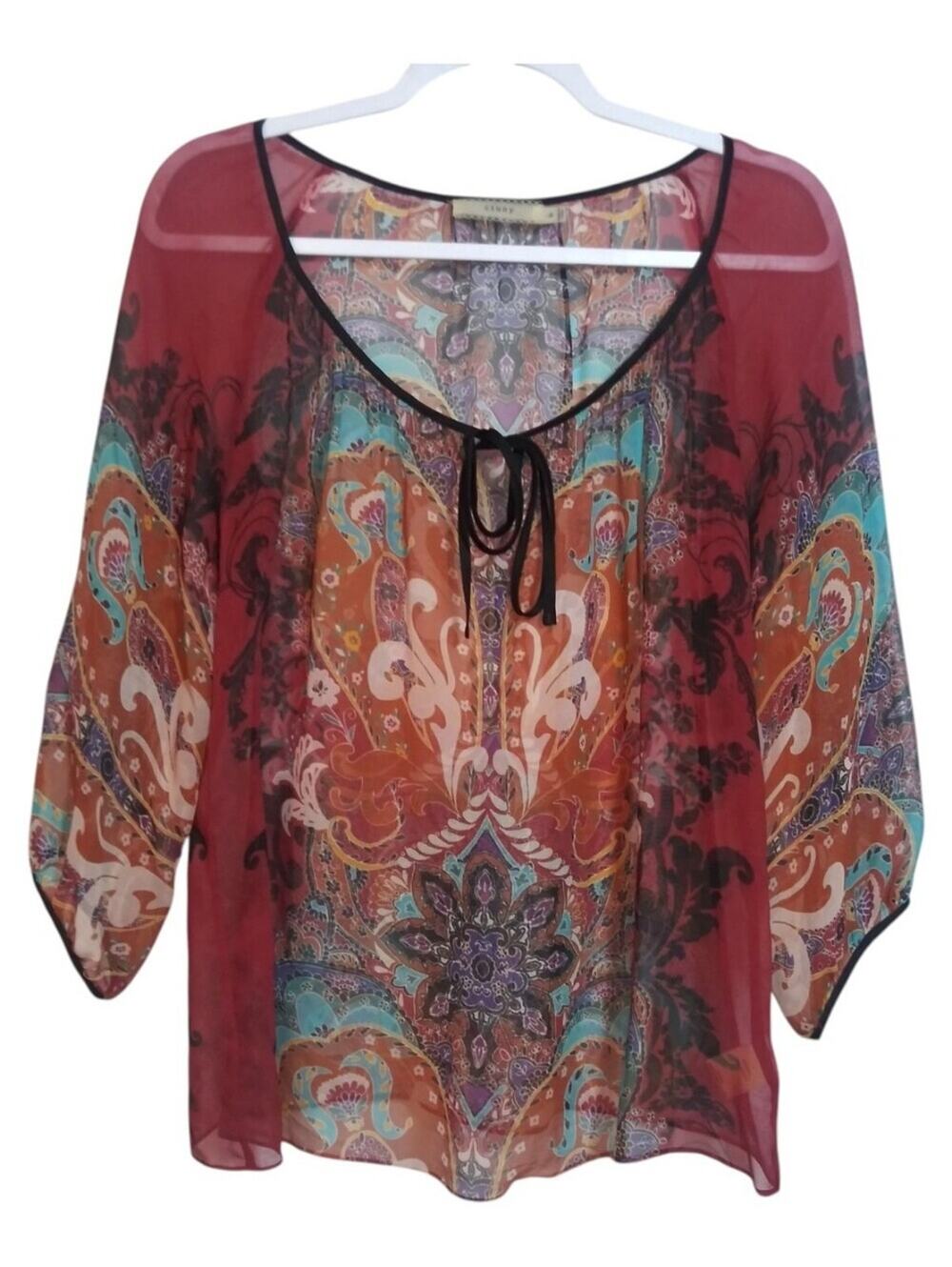 Cluny Sheer Paisley Tie-Neck Blouse in Burgundy Multi Paisley 3/4 Sleeves Size 6